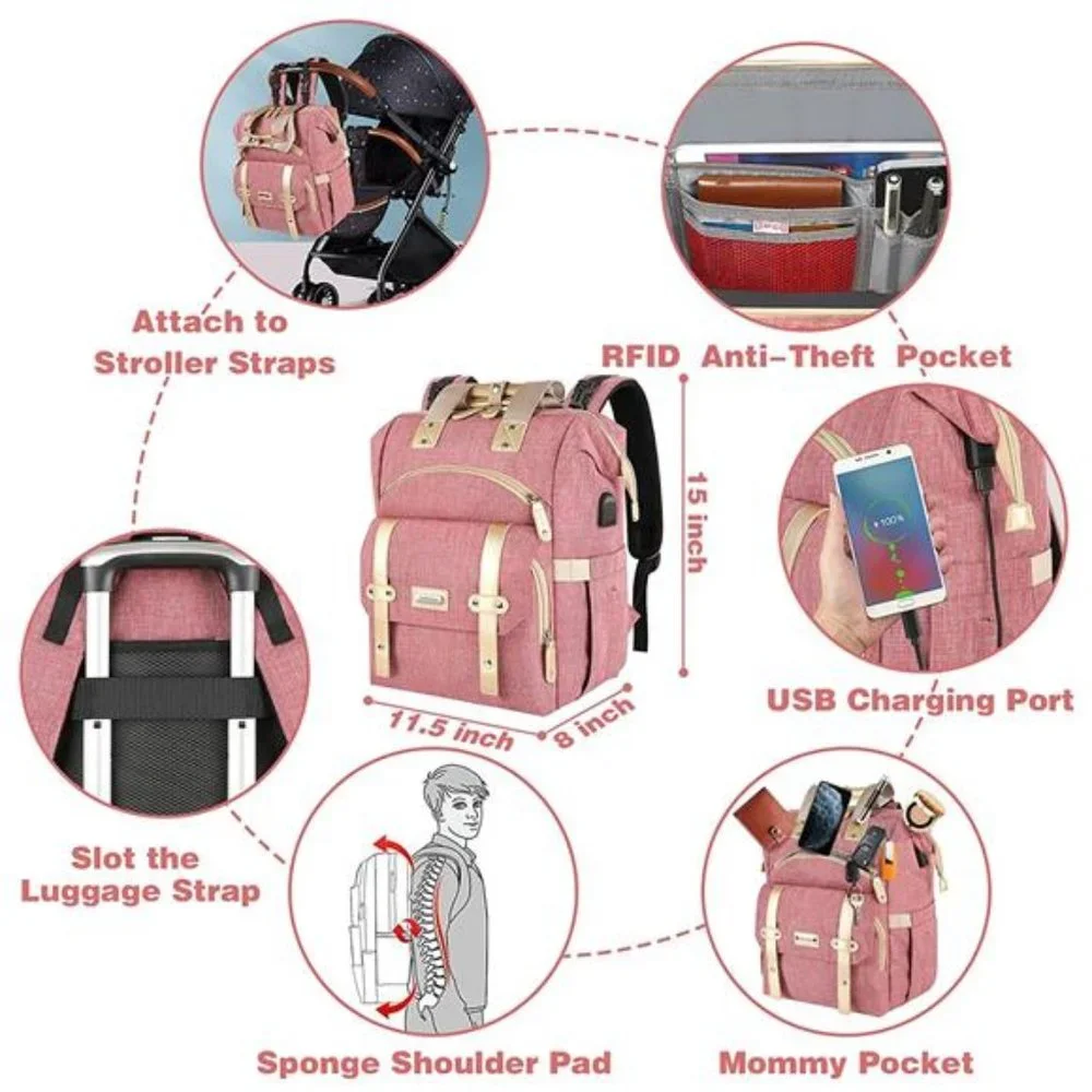 Diaper Bag Backpack, Insulated Pockets Portable Baby Nappy Bags - Pink